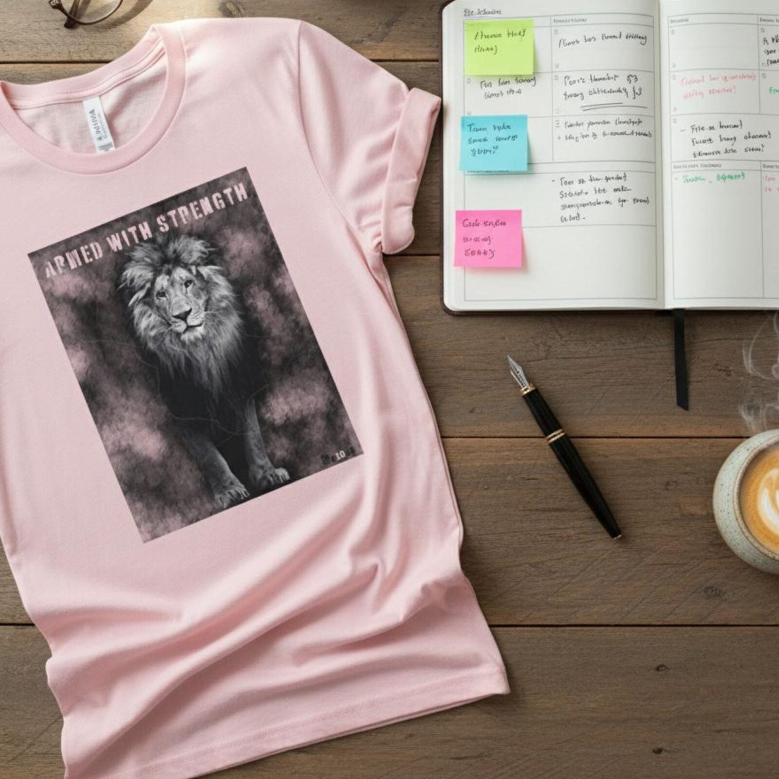 A flat lay of a pink Unisex t-shirt with a Lion design. This Christian design includes the word "Armed with Strength".