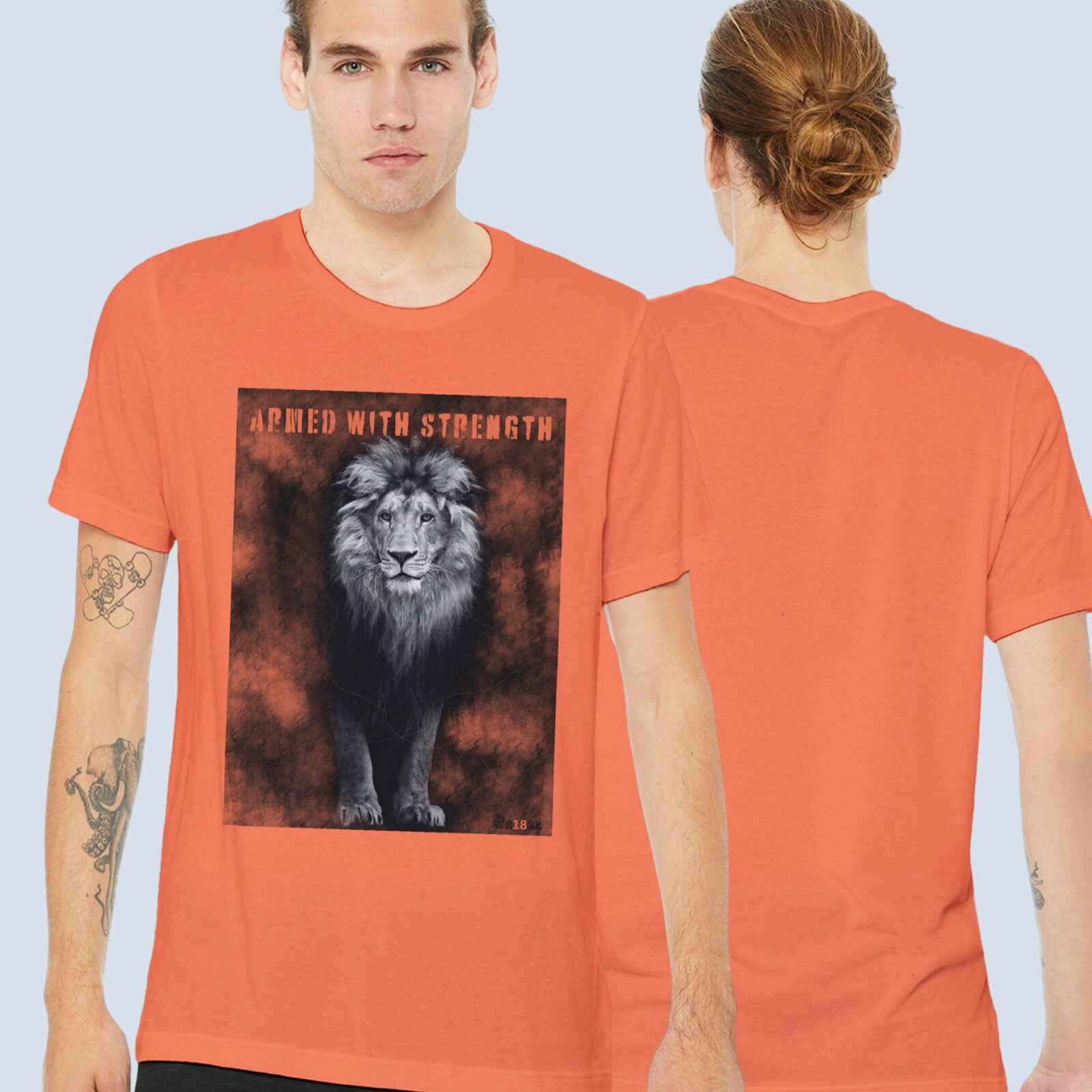 Front and back view of the t-shirt. The design is printed on the front of the t-shirt only.
