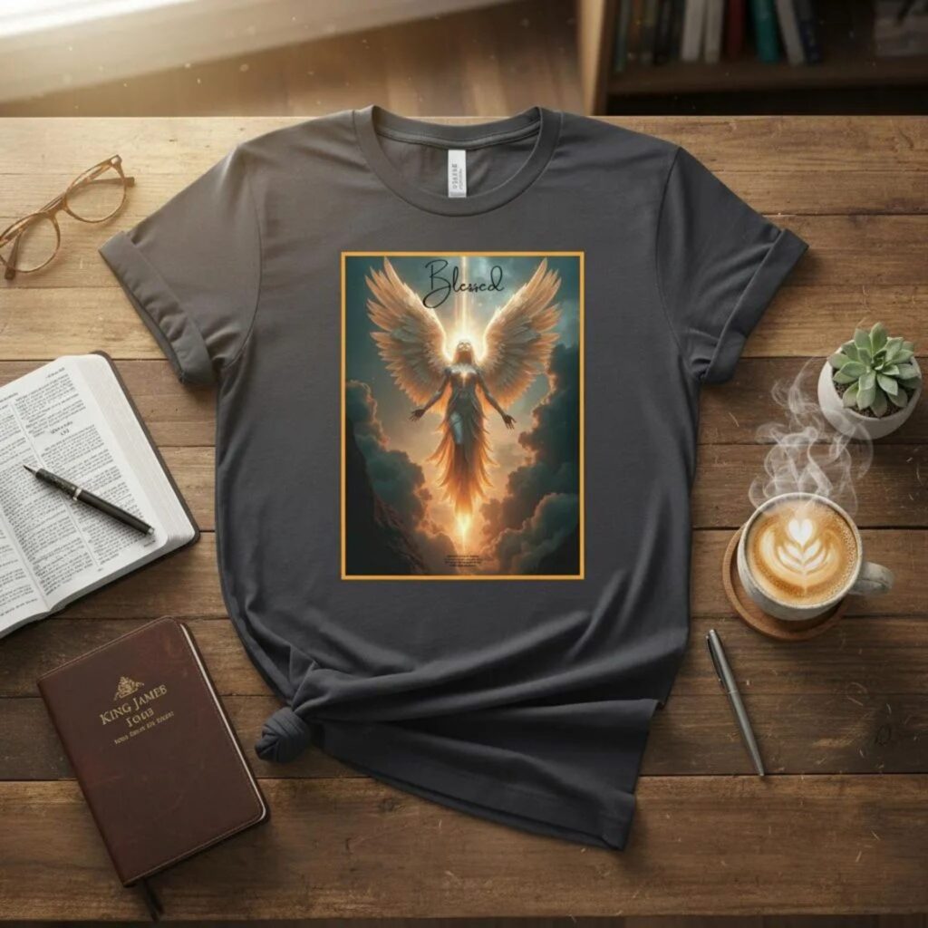 A dark grey unixes t-shirt with a Angel design, laying on a wooden table next to scripture. This Christian design includes the work "Blessed" and quote 1 Peter 4:14.