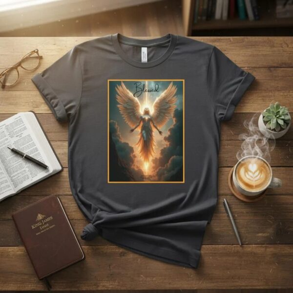A dark grey unixes t-shirt with a Angel design, laying on a wooden table next to scripture. This Christian design includes the work "Blessed" and quote 1 Peter 4:14.