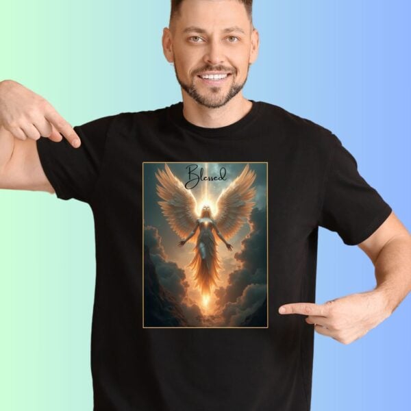 A man wearing a black unixes t-shirt with a Angel design. This Christian design includes the work "Blessed" and quote 1 Peter 4:14.