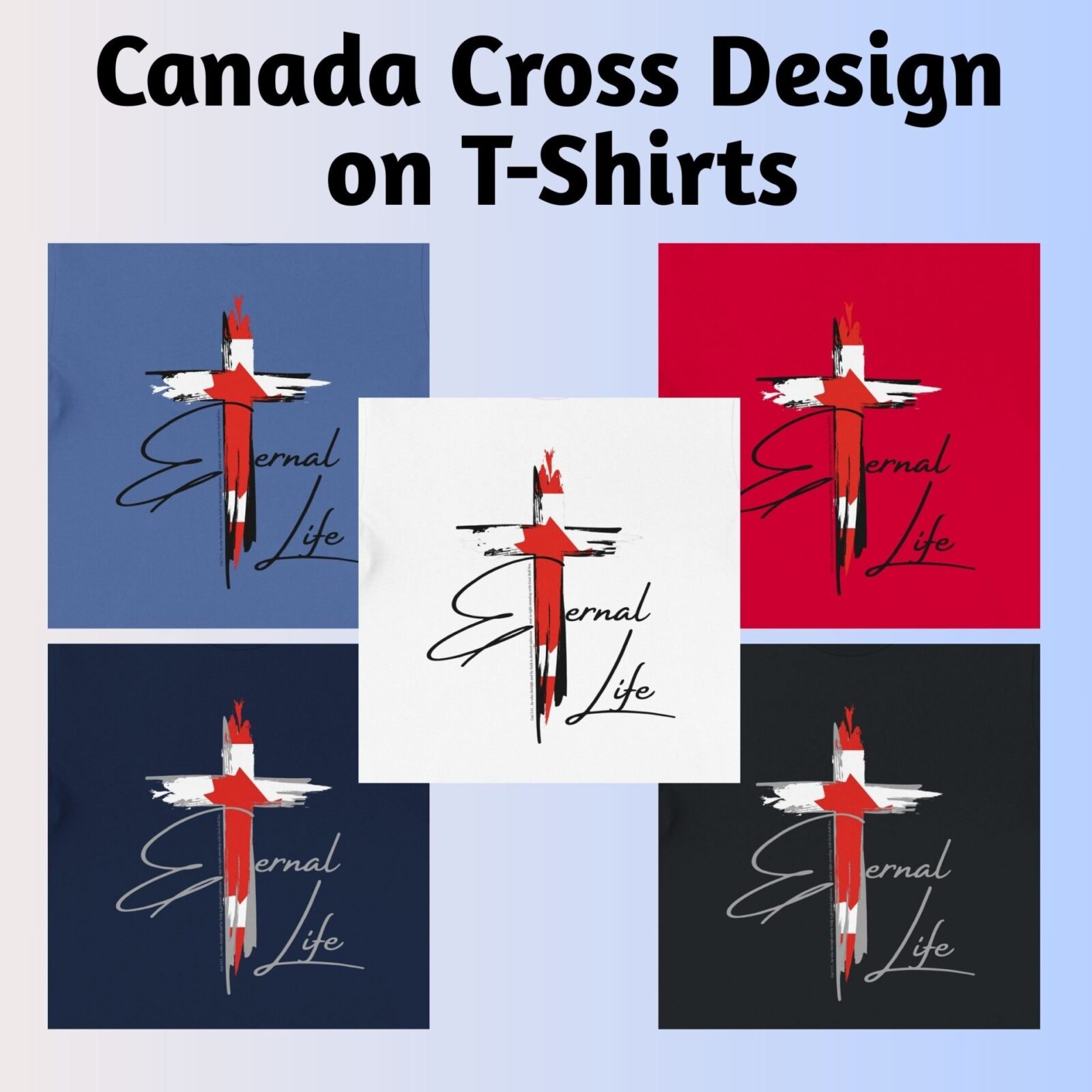 This is the Canadian cross design on the 5 coloured t-shirts: black, navy, columbia blue, red and white.