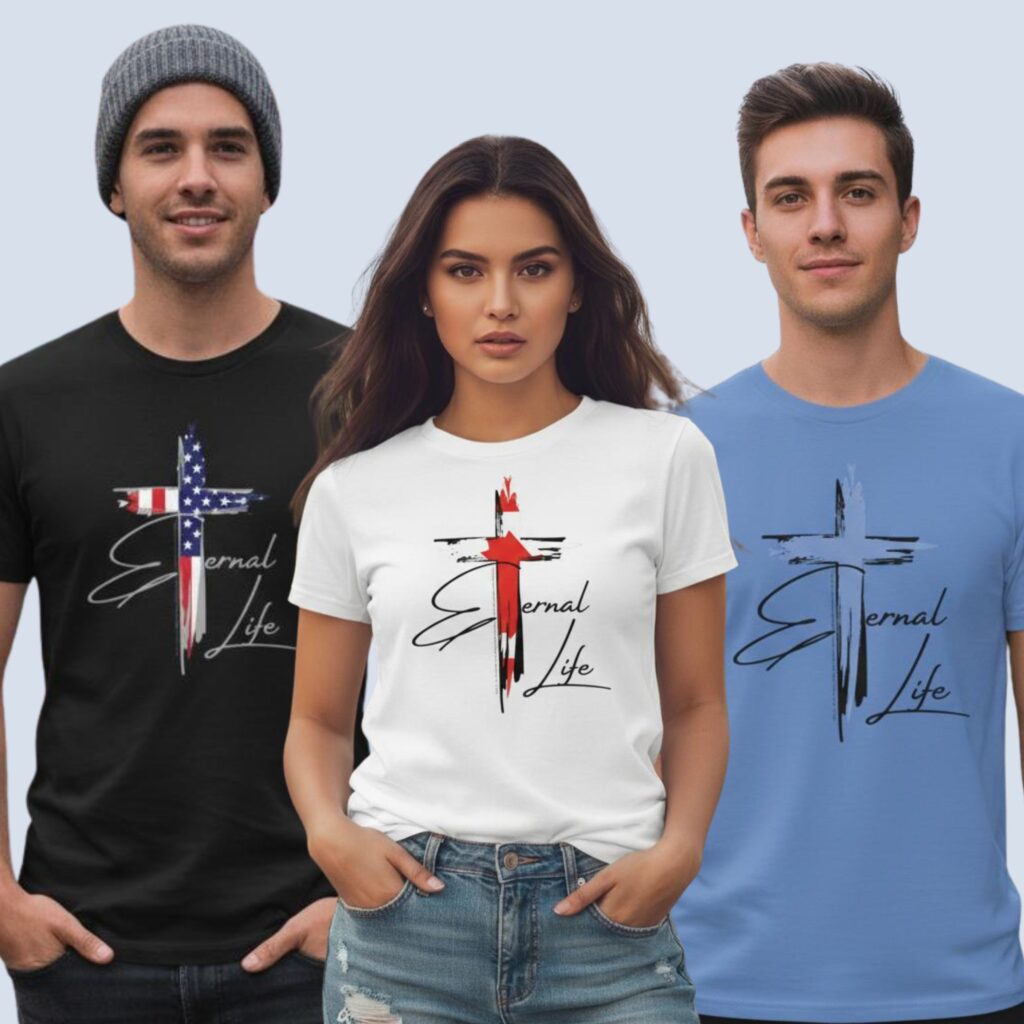 This Eternal Life Cross design has a option of three different designs, such as a USA cross, Canada cross, and Plain cross. A man wearing a black unixes t-shirt with the USA cross design. A woman wearing a white unixes t-shirt with a Canadian Cross design. A man wearing a Carolina blue unixes t-shirt with the Canada cross design. This Christian Cross design with the USA flag includes the text "Eternal Life" and quote Galatians 3:11.