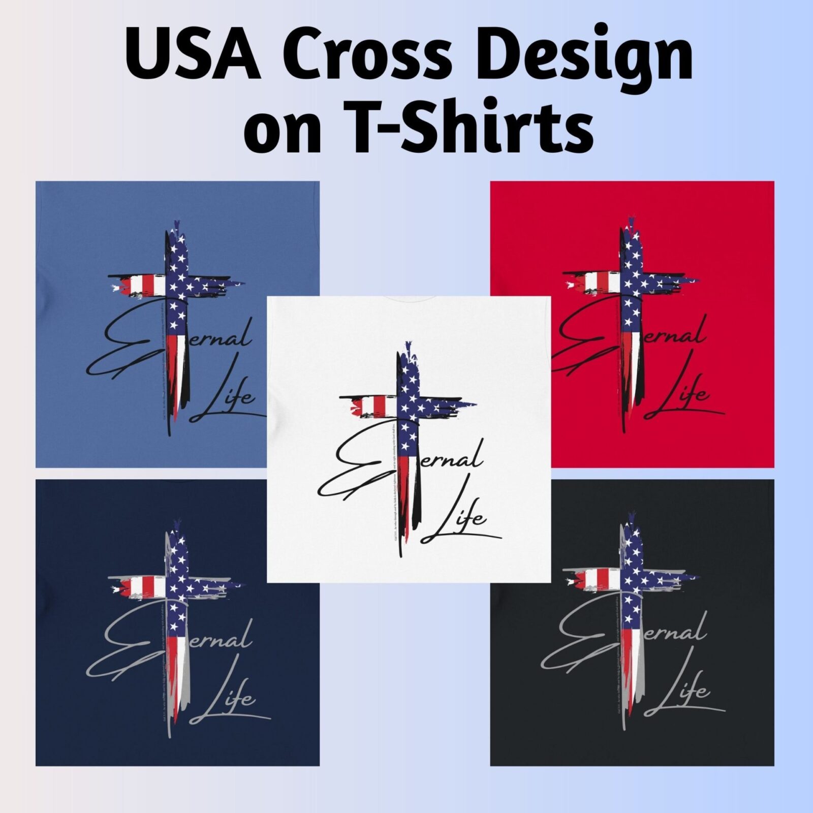 This is the American cross design on the 5 coloured t-shirts: black, navy, columbia blue, red and white.