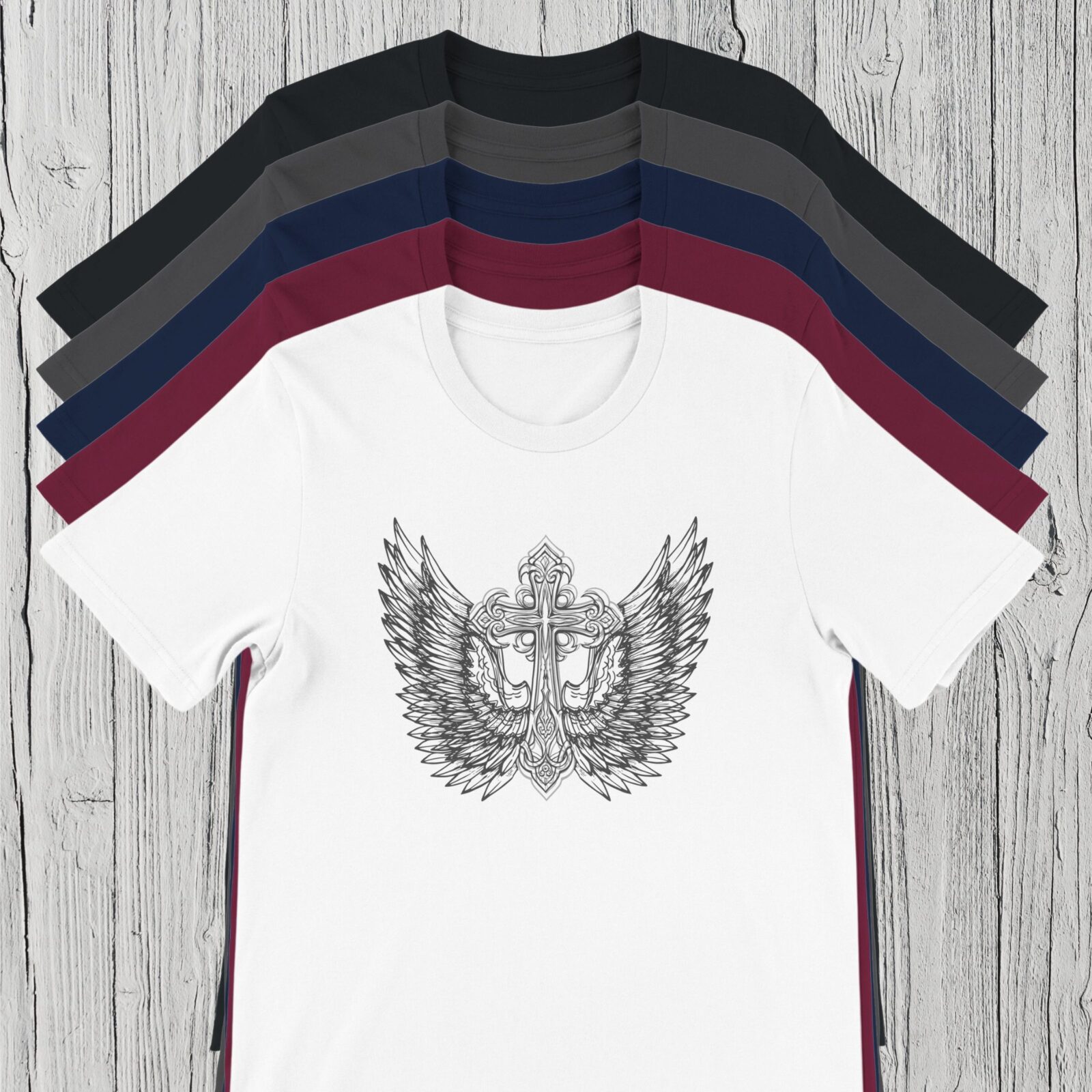 There are 5 colour options for the t-shirt: black, dark grey, navy, maroon and white.
