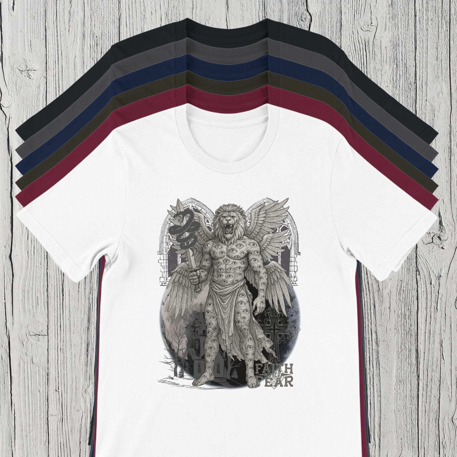 There are 6 colour options for the t-shirt: black, dark grey, navy, dark olive, maroon and white.