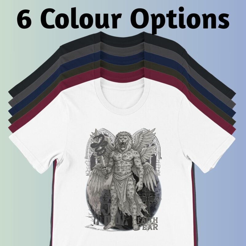 Faith Over Fear Christian Gothic Angel Shirt, Lion-Headed Seraph Wings Cross Tee, Unisex Faith Streetwear, Religious Art Top - Image 3