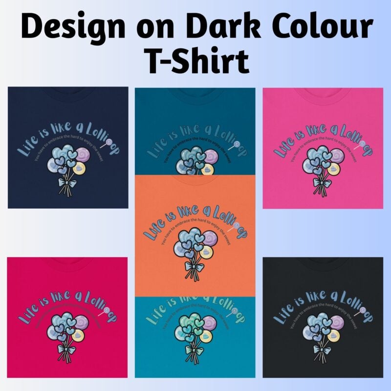 This shows what the designs looks like on the black, navy, deep teal, aqua, coral, fuchsia and charity pink coloured t-shirts.