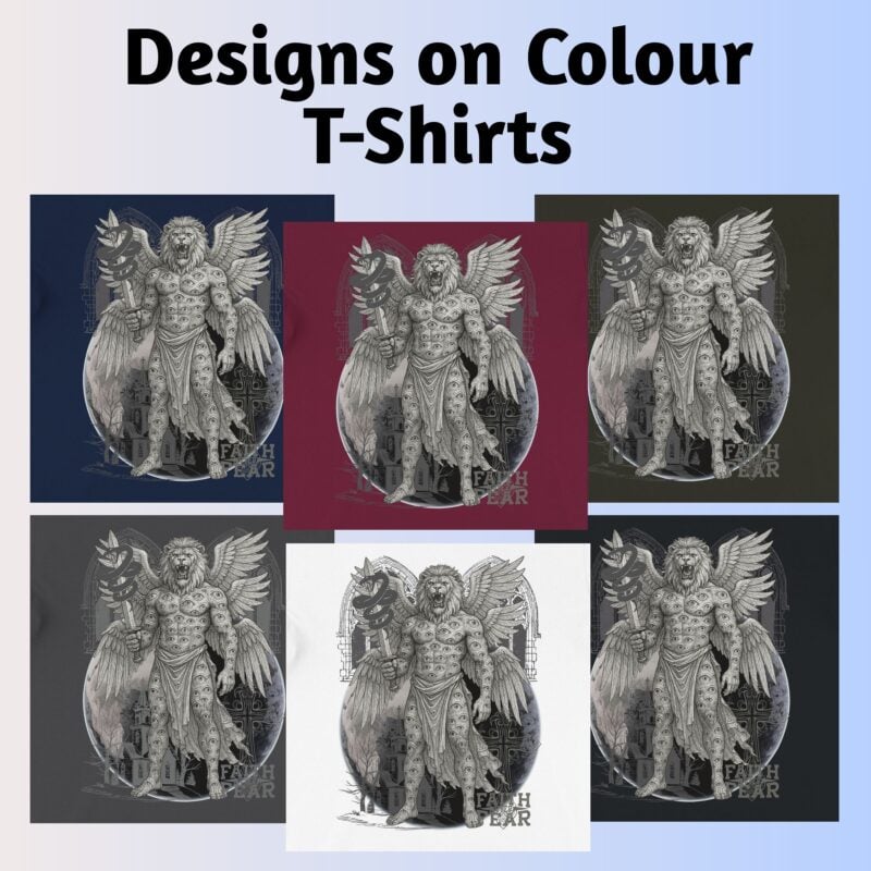 This shows what the designs looks like on the black, dark grey, navy, dark olive, maroon and white coloured t-shirts.