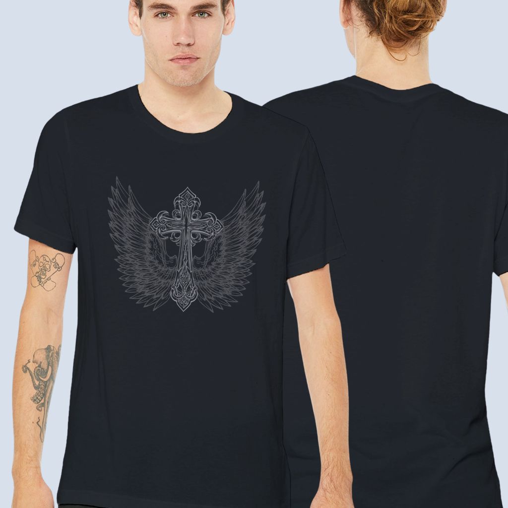 Front and back view of the t-shirt. The design is printed on the front of the t-shirt only.
