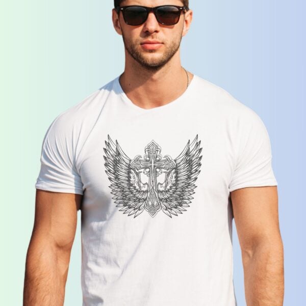 A man wearing a white t-shirt with a Gothic style cross and Angel wings design on the front of the t-shirt.