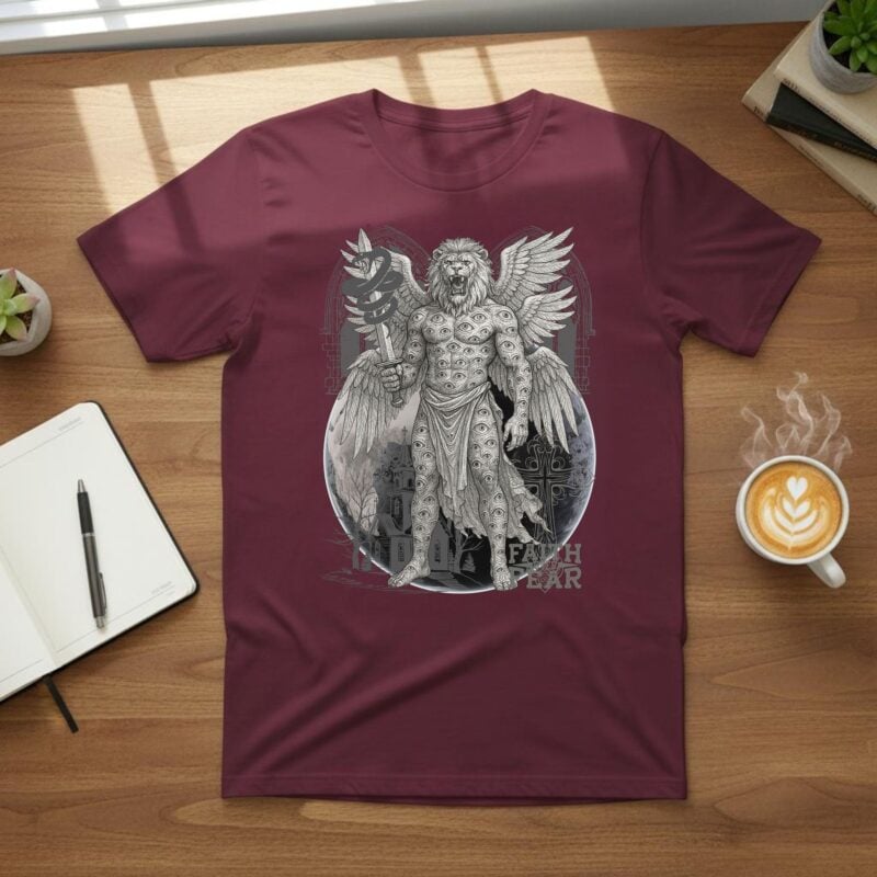 Faith Over Fear Christian Gothic Angel Shirt, Lion-Headed Seraph Wings Cross Tee, Unisex Faith Streetwear, Religious Art Top - Image 7