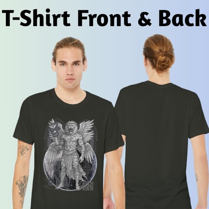 Front and back view of the t-shirt. The design is printed on the front of the t-shirt only.