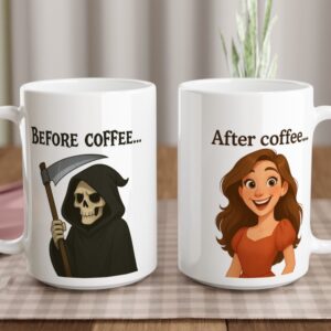 Grim Reaper mug showing both sides of the mug, with the option to personalize the mug character on the back of the mug.
