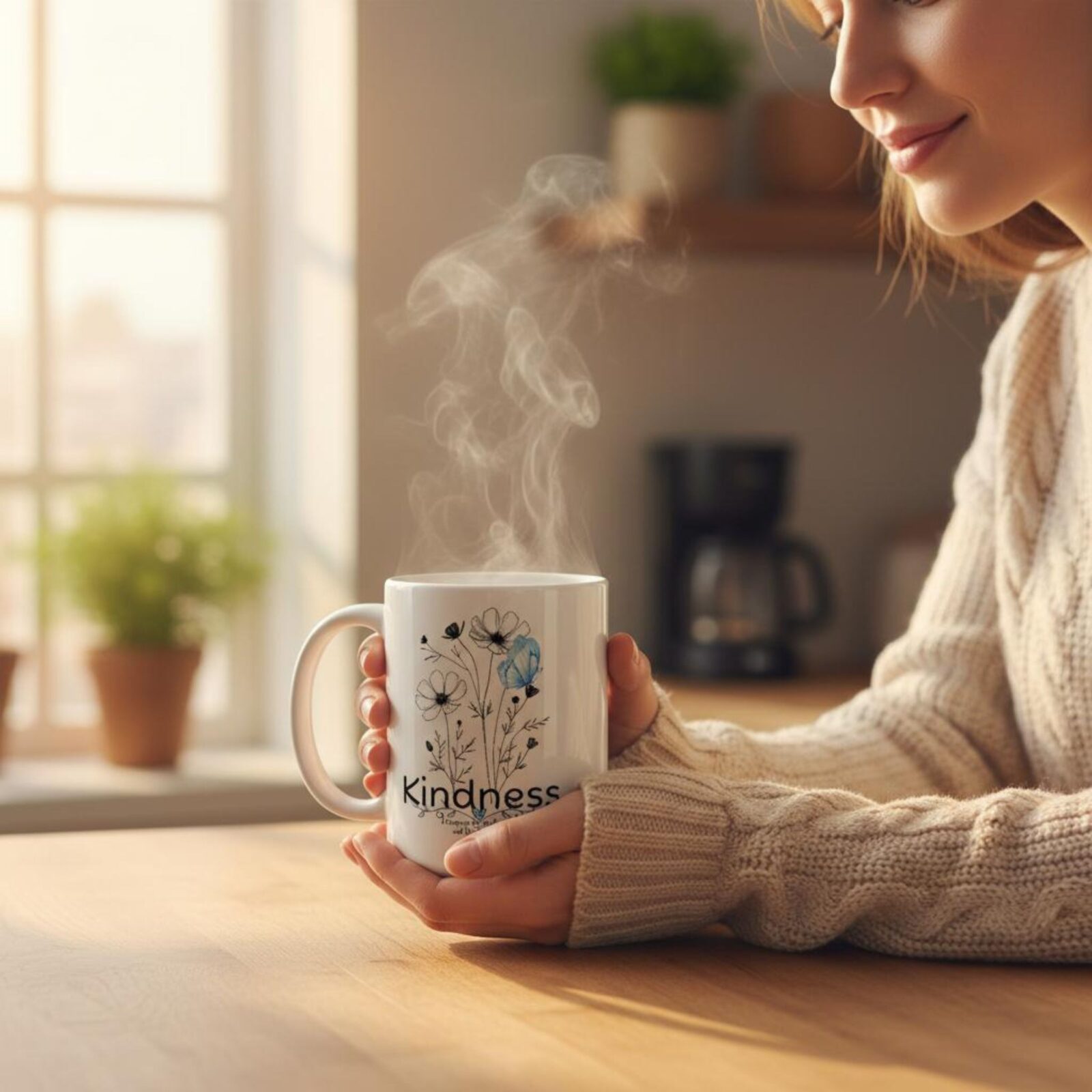 A woman holding kindness flower design mug.