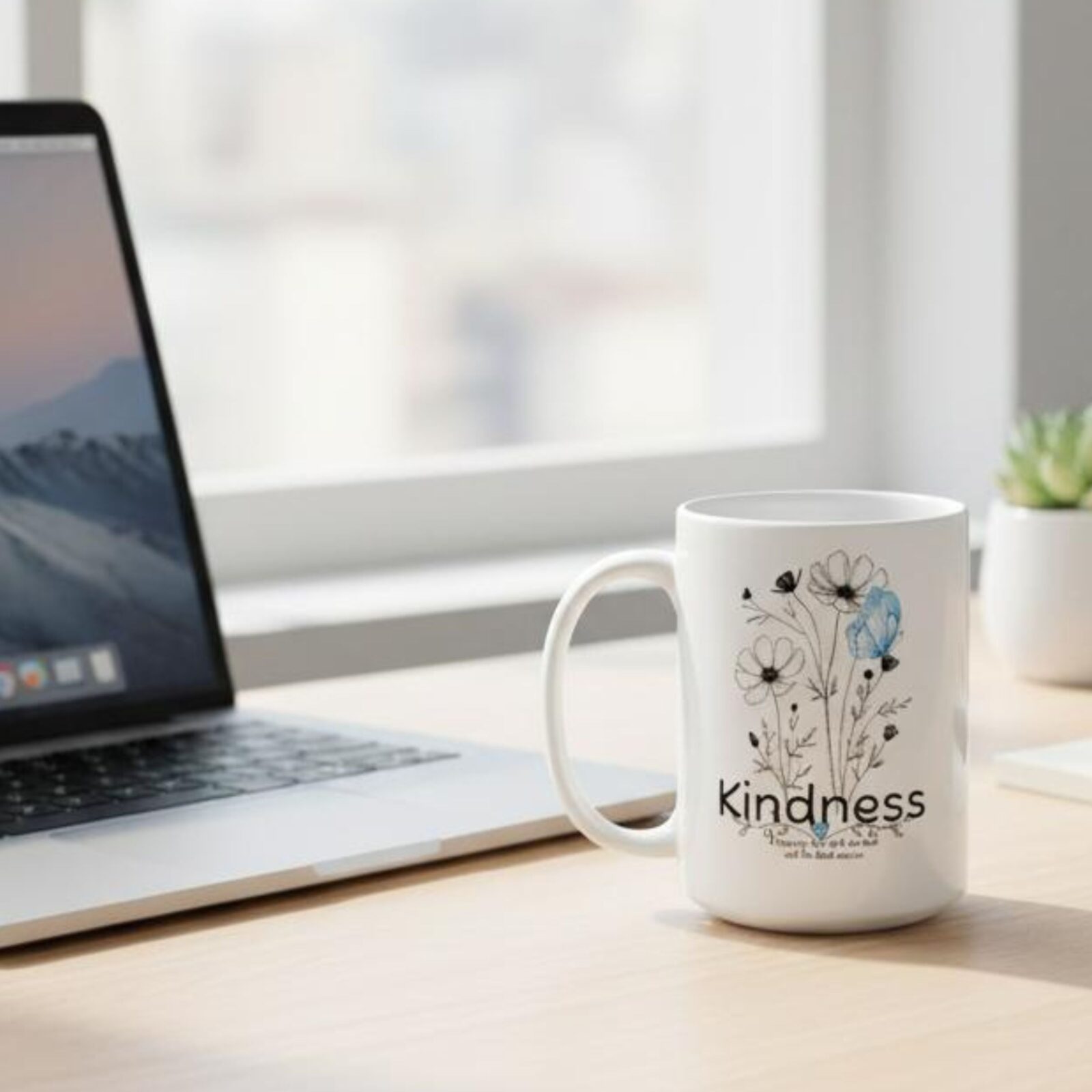 The kindness flower design coffee mug is sitting on an office desk.