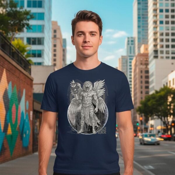 Lion Creature Navy Tshirt Man in City A man wearing a navy coloured Christian Gothic t-shirt that features a celestial man with a lion’s head and six wings, a church, a cross, the earth, and ornate Victorian arches. It also has text "Faith over Fear".