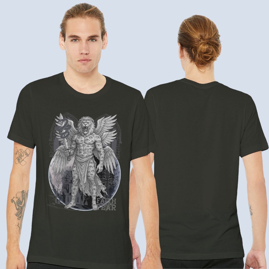Front and back view of the t-shirt. The design is printed on the front of the t-shirt only.