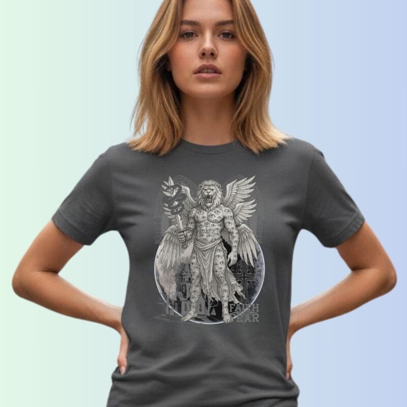 A woman wearing a dark grey coloured Christian Gothic t-shirt that features a celestial man with a lion’s head and six wings, a church, a cross, the earth, and ornate Victorian arches. It also has text "Faith over Fear".
