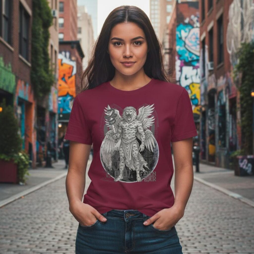 A woman wearing a maroon coloured Christian Gothic t-shirt that features a celestial man with a lion’s head and six wings, a church, a cross, the earth, and ornate Victorian arches. It also has text "Faith over Fear".
