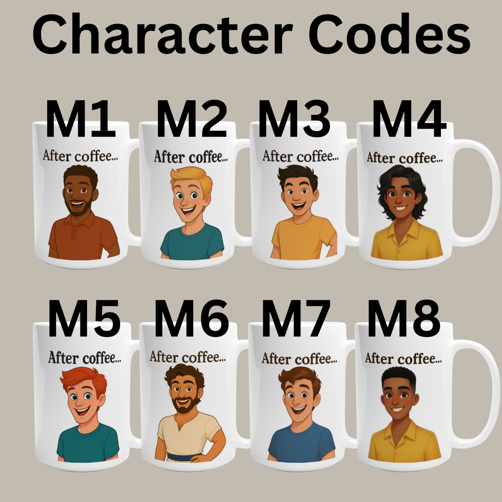 8 male characters for Grim Reaper coffee mug