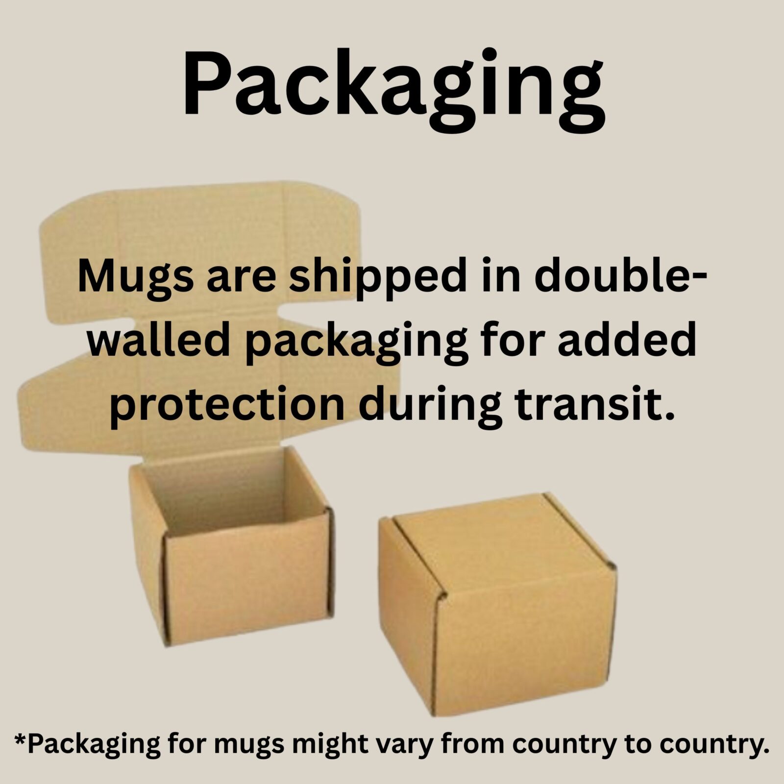 Mugs are shipped in double-walled packaging for added protection during transit. Packaging for mugs might vary from country to country.