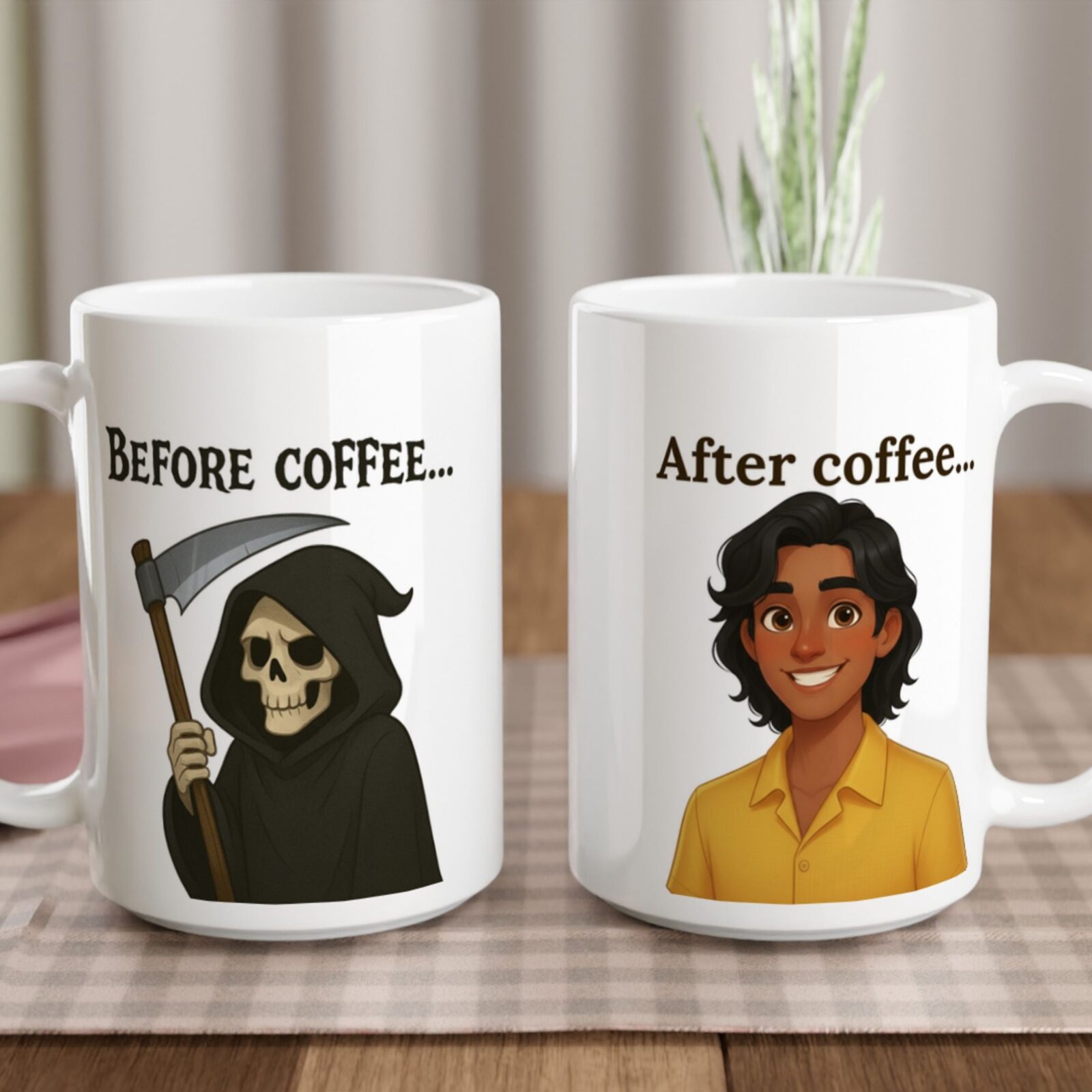 Grim Reaper mug showing both sides of the mug, with the option to personalize the mug character on the back of the mug.