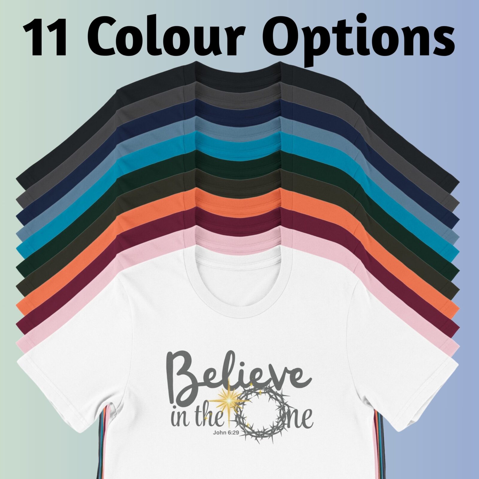 There are 11 colour options for the t-shirt: black, dark grey, navy, steel blue, aqua, forest, dark olive, coral, maroon, pink and white.
