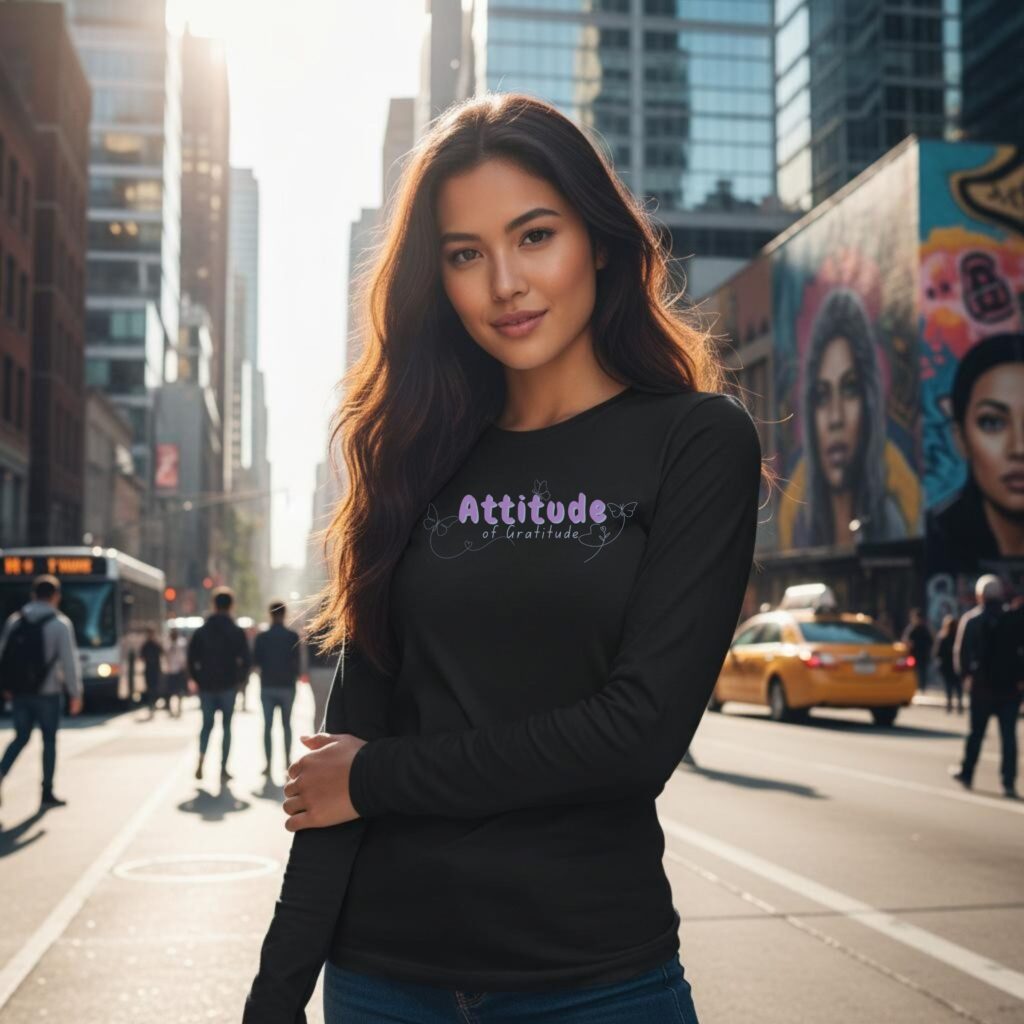 A woman wearing a black long sleeve t-shirt with a butterfly design and the text "Attitude of Gratitude".