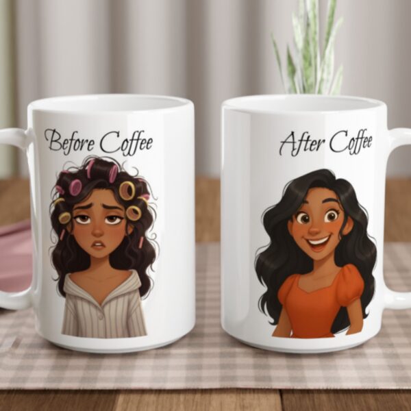 This white mug with the text "Before Coffee" and a dishevelled female character in her pyjamas on the front and on the back of the mug, the text "After Coffee" with the same female character that appears awake and well groomed. It is optional to customize the text on both sides of the mug.