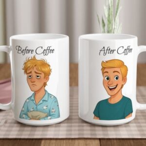 This white mug with the text "Before Coffee" and a dishevelled male character in his pyjamas on the front and on the back of the mug, the text "After Coffee" with the same male character that appears awake and well groomed. It is optional to customize the text on both sides of the mug.