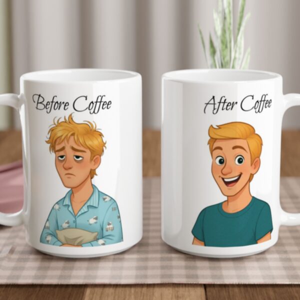 This white mug with the text "Before Coffee" and a dishevelled male character in his pyjamas on the front and on the back of the mug, the text "After Coffee" with the same male character that appears awake and well groomed. It is optional to customize the text on both sides of the mug.