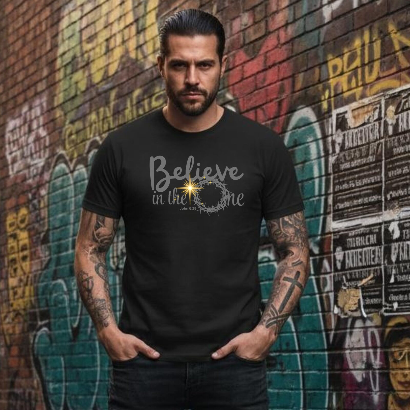 A man wearing a black unisex t-shirt with a religious design and the text "Believe in the One" relating to John 6:29.
