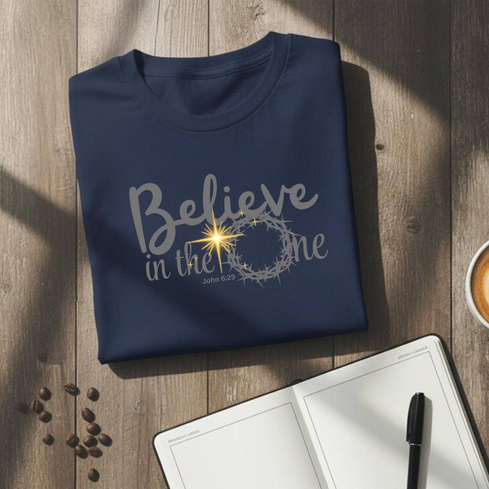 A folded navy unisex t-shirt with a religious design and the text "Believe in the One" relating to John 6:29, lying on a wooden table next to a journal and coffee.