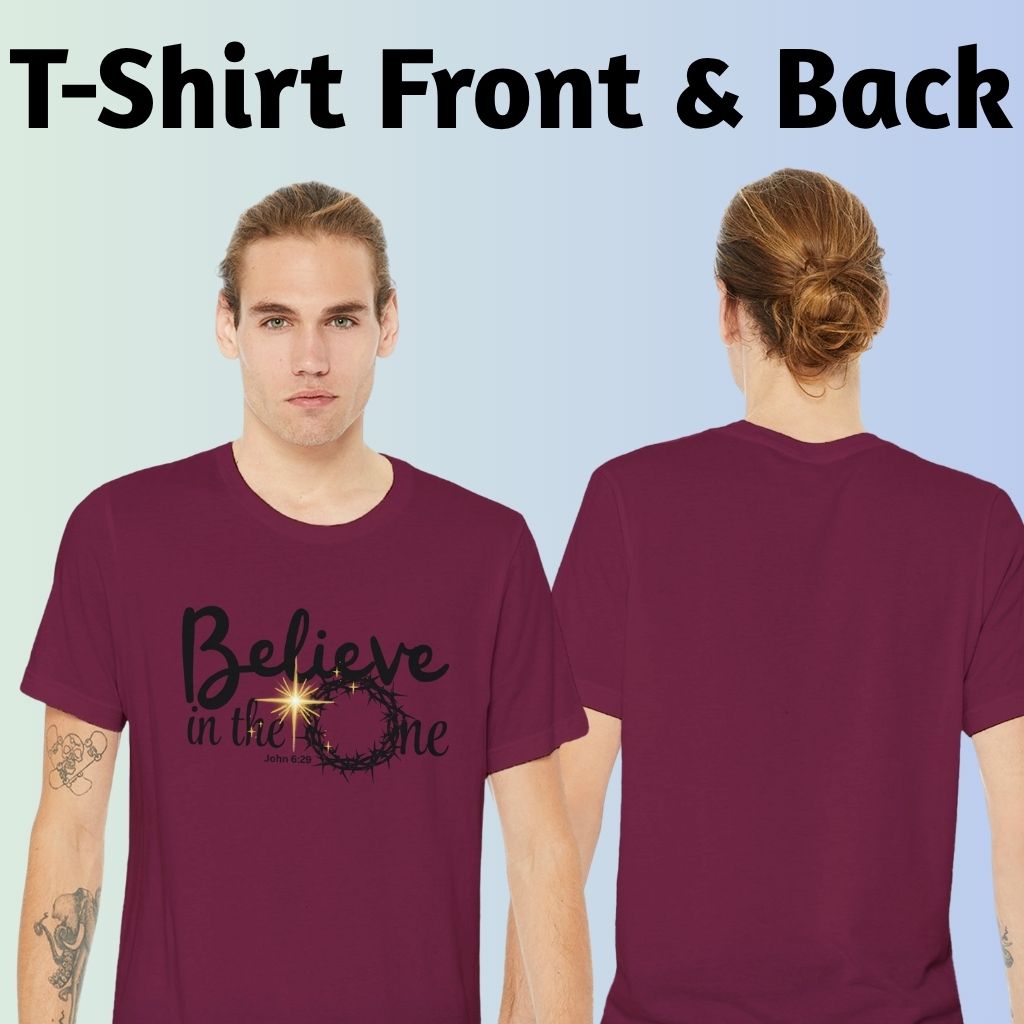 Front and back view of the t-shirt. The design is printed on the front of the t-shirt only.
