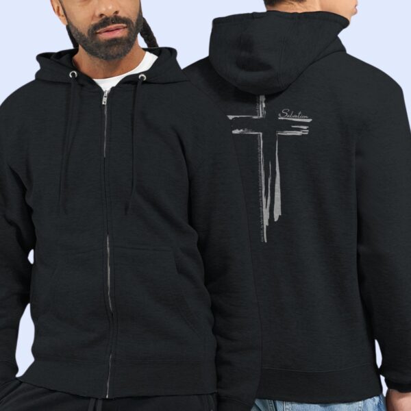 Salvation Cross Zip Hoodie Black Front & Back A man wearing a black zip hoodie with a cross design printed on the back. This Christian Cross design includes the text "Salvation" and quote Galatians 3:11. The second man is wearing the same zip hoodie, showing the front of the hoodie which has no print on the front.