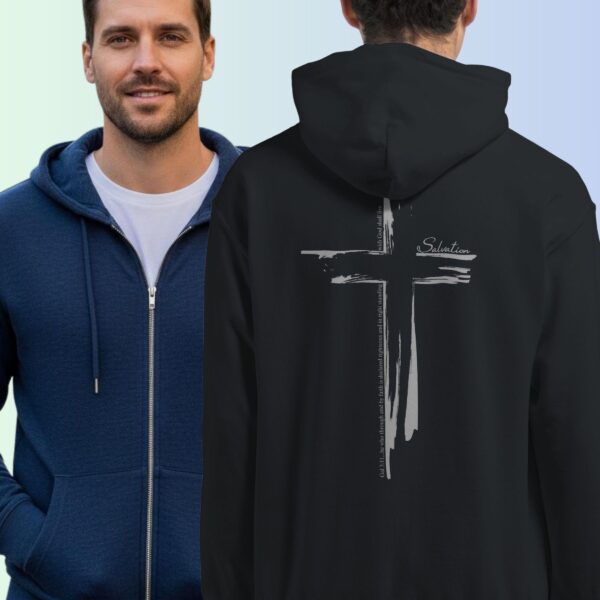 A man wearing a black zip hoodie with a cross design printed on the back. This Christian Cross design includes the text "Salvation" and quote Galatians 3:11. The second man is wearing a navy zip hoodie, showing the front of the hoodie which has no print on the front.