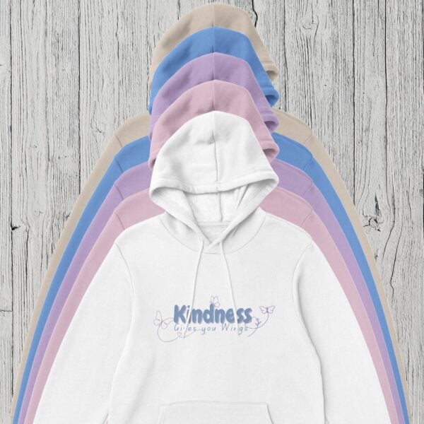 4 Colours Kindness Gives you Wings Pullover Hoodie (1) There are 5 colour options for the pullover hoodie: sand, carolina blue, orchid purple, light pink and white.