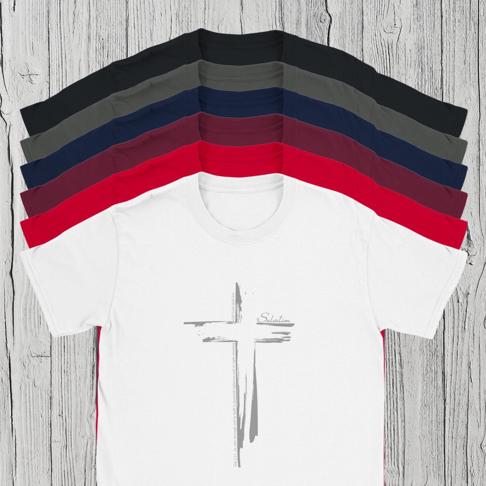 There are 6 colour options for the t-shirt: black, charcoal, navy, maroon, red and white.