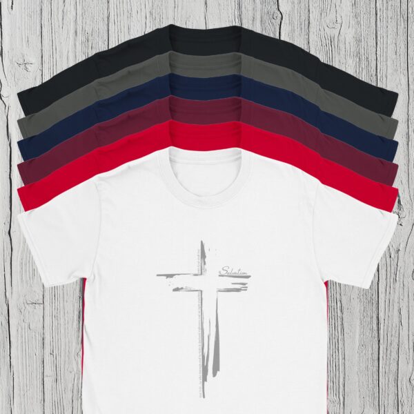 6 Colours of Salvation Cross Tshirt There are 6 colour options for the t-shirt: black, charcoal, navy, maroon, red and white.
