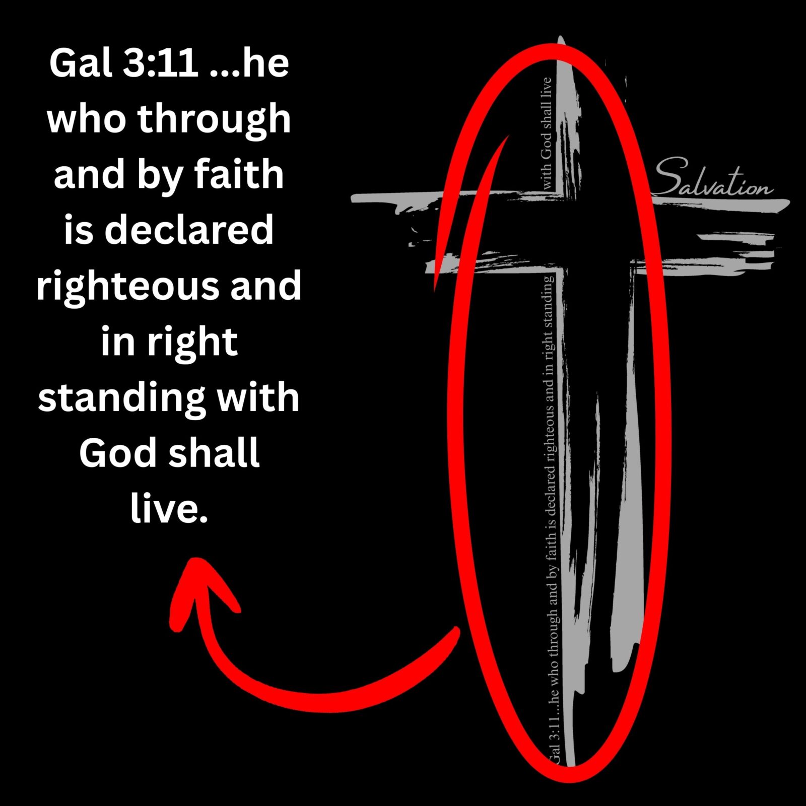 Close up of the Christian Cross design which includes the text "Salvation" and quote Galatians 3:11.
