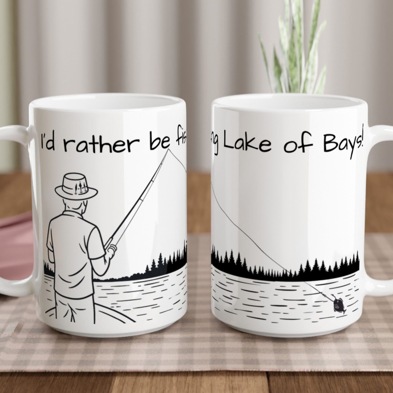 This white 15 oz mug has a fisherman design and custom text to personalize it on the front and back of the mug.