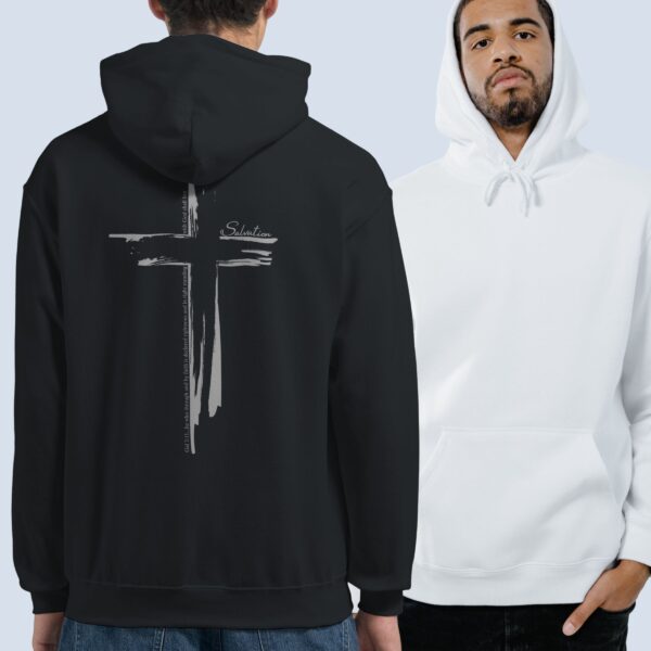 A man wearing a black pullover hoodie with a cross design printed on the back. This Christian Cross design includes the text "Salvation" and quote Galatians 3:11. The second man is wearing a white pullover hoodie, showing the front of the hoodie which has no print on the front.