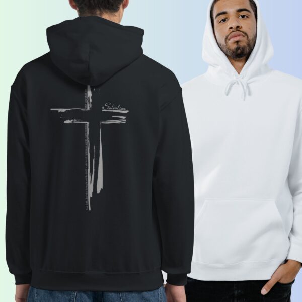 A man wearing a black pullover hoodie with a cross design printed on the back. This Christian Cross design includes the text "Salvation" and quote Galatians 3:11. The second man is wearing a whitepullover hoodie, showing the front of the hoodie which has no print on the front.