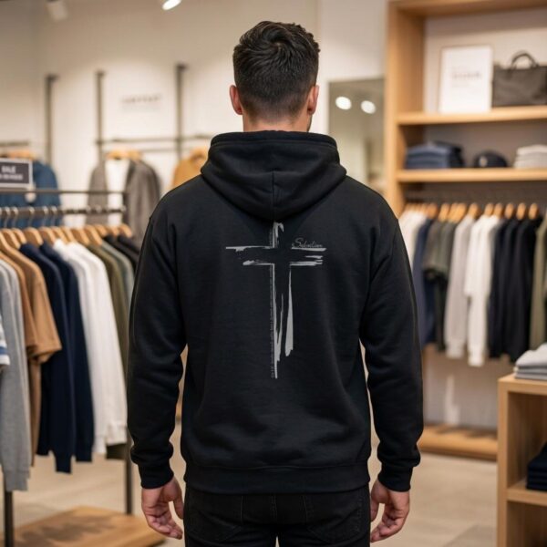 A man wearing a black pullover hoodie with a cross design printed on the back. This Christian Cross design includes the text "Salvation" and quote Galatians 3:11.