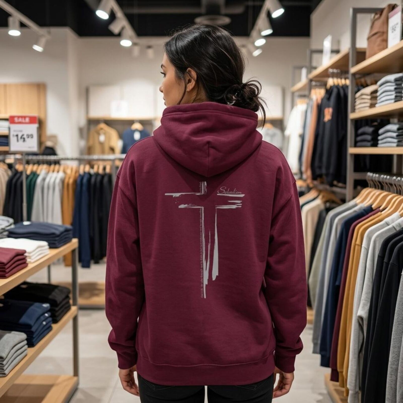 A woman wearing a maroon pullover hoodie with a cross design printed on the back. This Christian Cross design includes the text "Salvation" and quote Galatians 3:11.