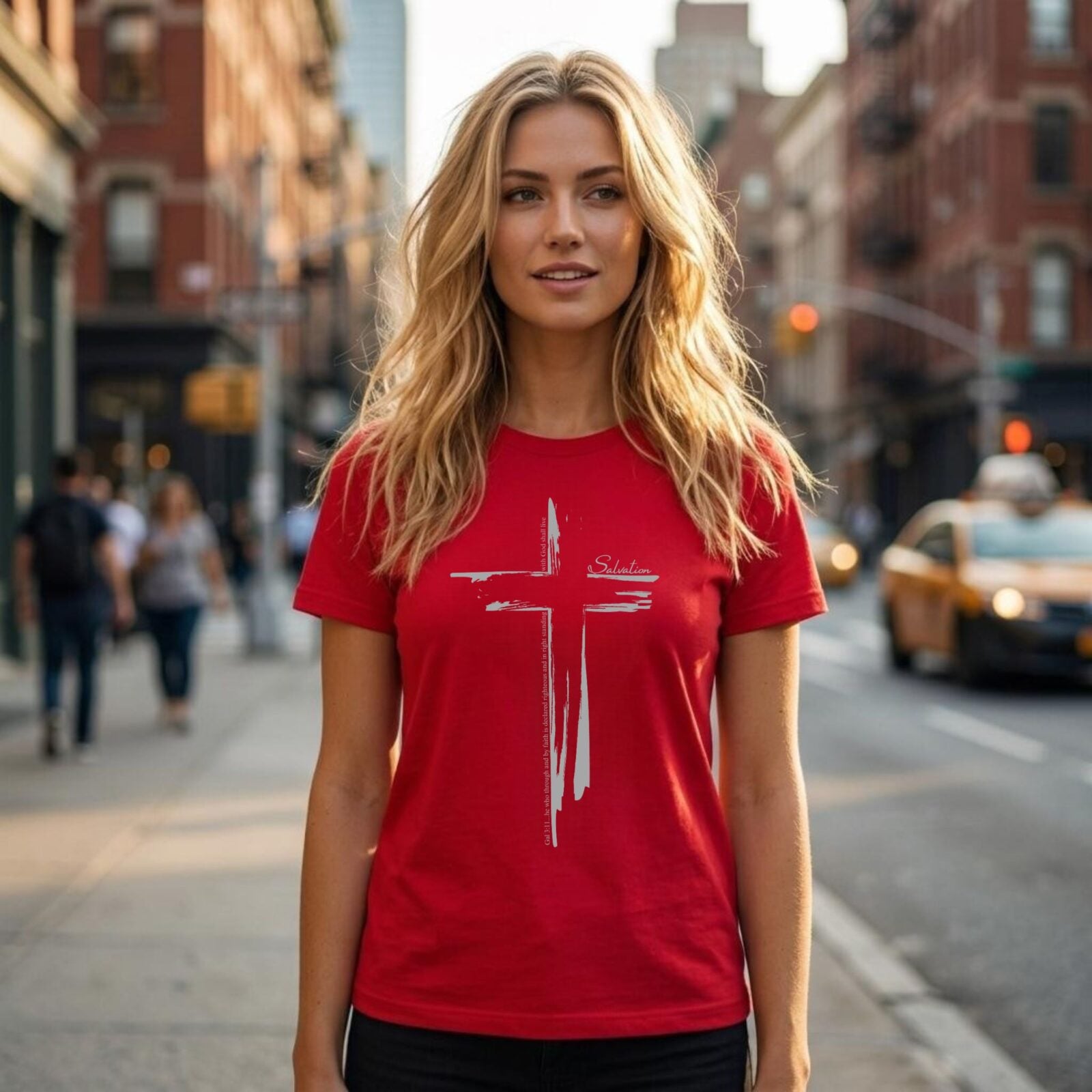 A woman wearing a red t-shirt with a cross design on the front of the shirt. This Christian Cross design includes the text "Salvation" and quote Galatians 3:11.