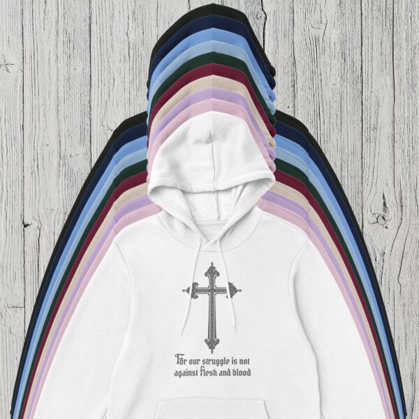 10 Colours Struggle not Cross Pullover Hoodie (1) There are 10 colour options for the pullover hoodie: black, navy, light blue, Forest green, maroon, sand, carolina blue, orchid purple, light pink and white.