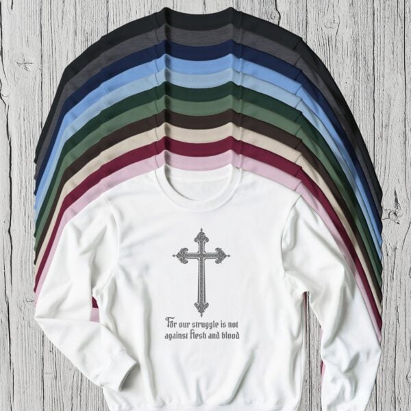 12 Colours Struggle not Cross Sweatshirt (1) There are 12 colour options for the sweatshirt: black, grey, navy, carolina blue, light blue, forest green, military green, chocolate, sand, maroon, light pink and white.