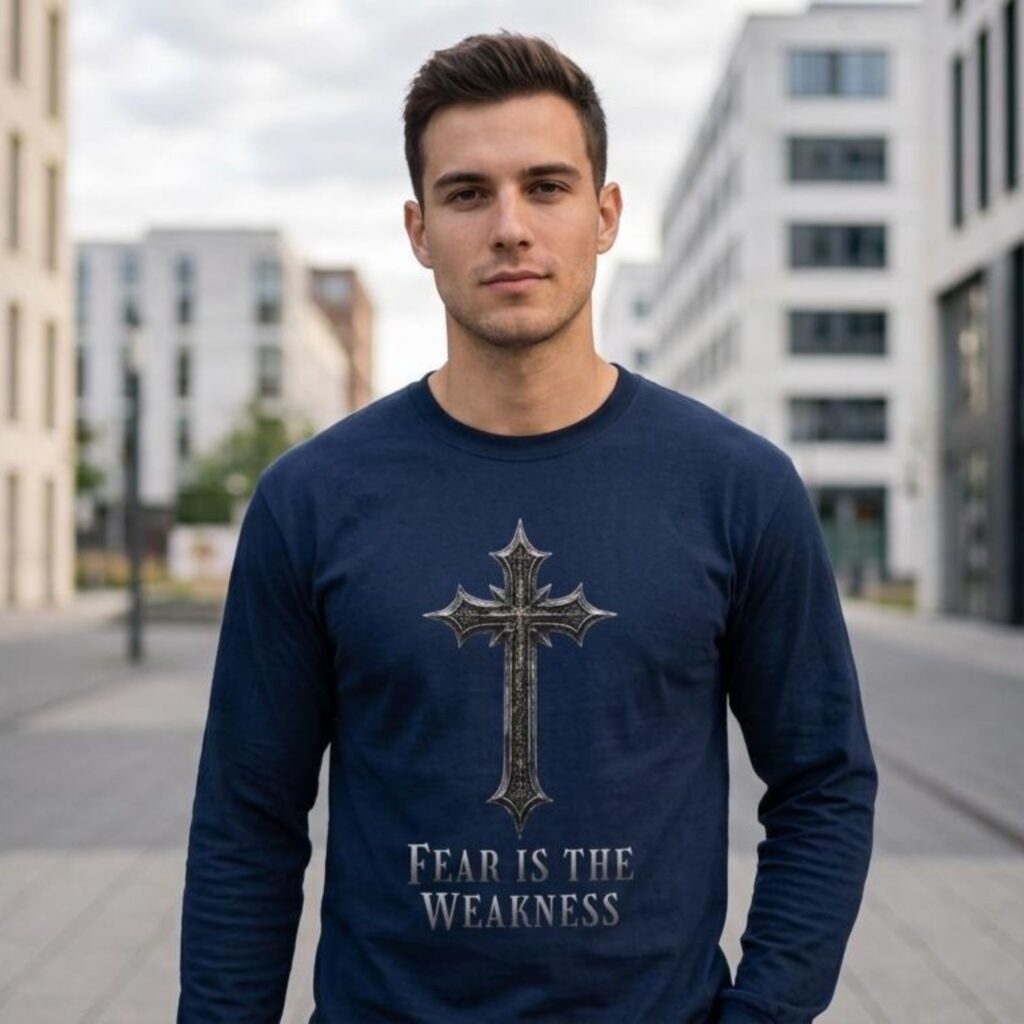 A man wearing a navy unisex long sleeve t-shirt with a cross design and the text "Fear is the Weakness".